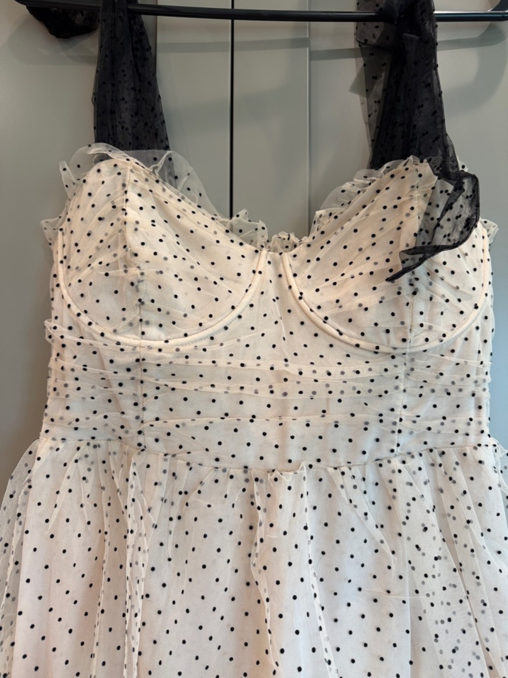Vici tan/black Polka Dot Tiered Dress with Black Shoulder Ties - Picture 2 of 6